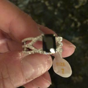 Ring black onyx & white topaz rhodium plated band